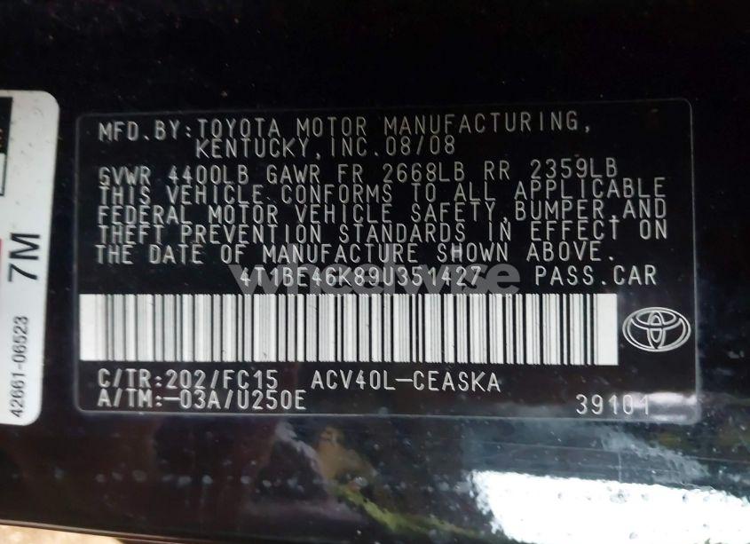 Photo 9 of 2009 Toyota Camry SE (VIN 4T1BE46K89U351427)