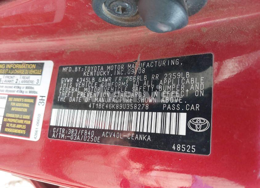 Photo 9 of 2009 Toyota Camry LE (VIN 4T1BE46K89U358278)