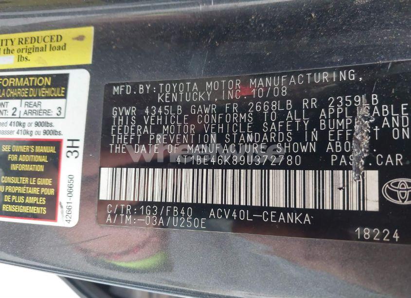 Photo 9 of 2009 Toyota Camry LE (VIN 4T1BE46K89U372780)