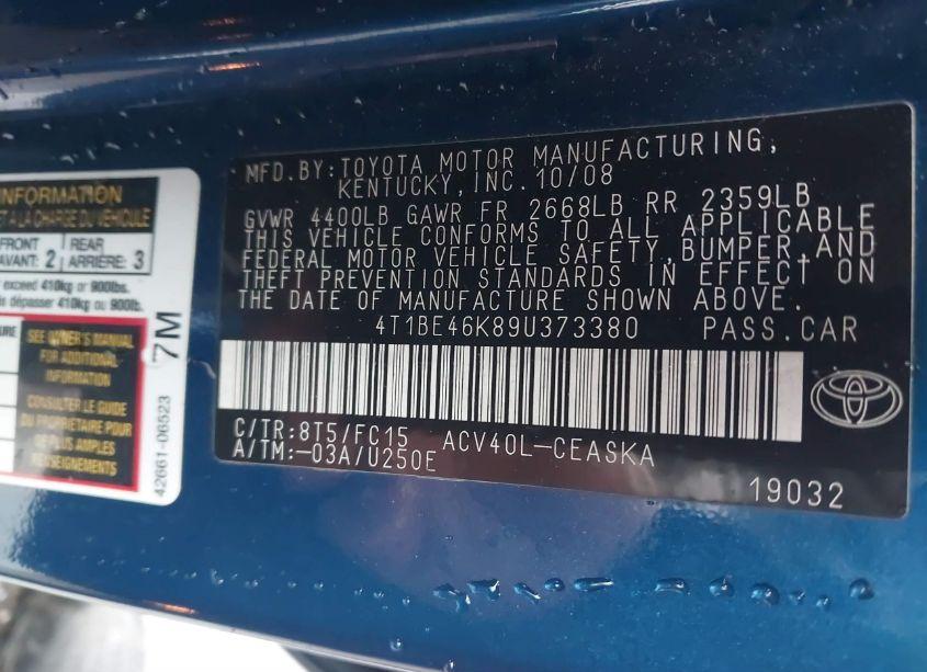 Photo 9 of 2009 Toyota Camry SE (VIN 4T1BE46K89U373380)