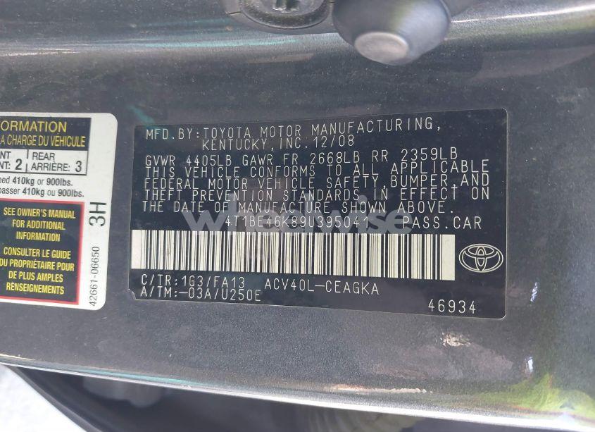 Photo 9 of 2009 Toyota Camry XLE (VIN 4T1BE46K89U395041)