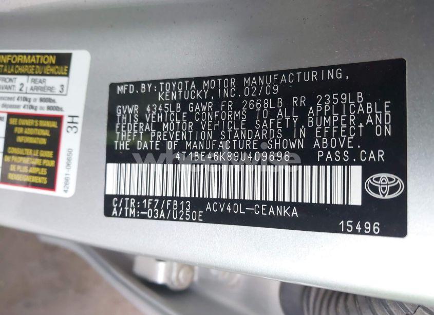 Photo 9 of 2009 Toyota Camry LE (VIN 4T1BE46K89U409696)