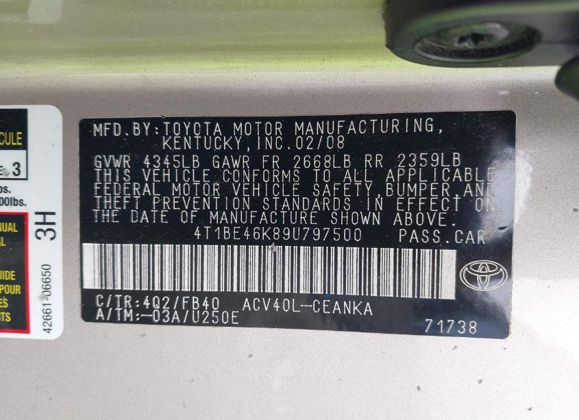 Photo 9 of 2009 Toyota Camry LE (VIN 4T1BE46K89U797500)