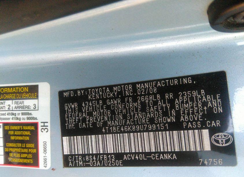 Photo 9 of 2009 Toyota Camry LE (VIN 4T1BE46K89U799151)