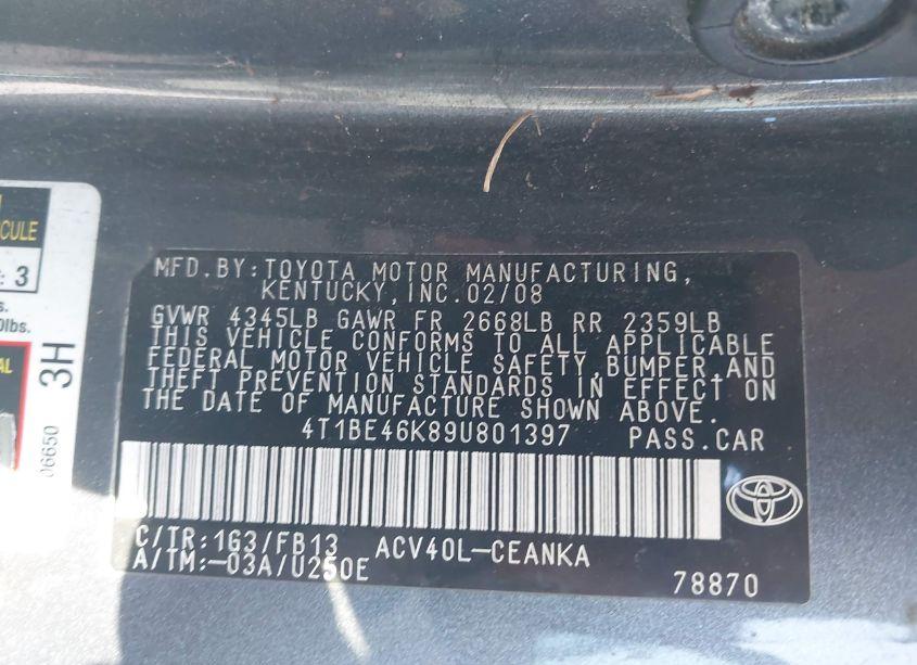 Photo 9 of 2009 Toyota Camry LE (VIN 4T1BE46K89U801397)