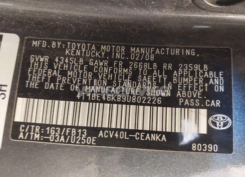 Photo 9 of 2009 Toyota Camry LE (VIN 4T1BE46K89U802226)