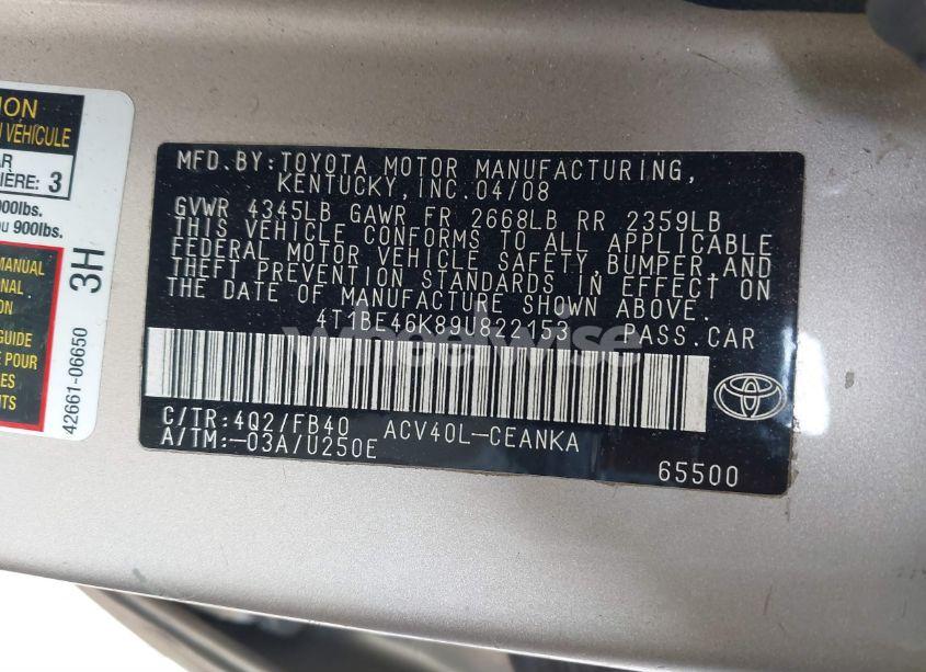 Photo 9 of 2009 Toyota Camry LE (VIN 4T1BE46K89U822153)