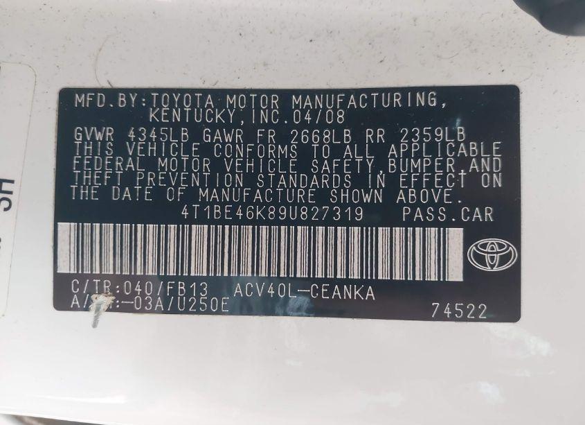 Photo 9 of 2009 Toyota Camry LE (VIN 4T1BE46K89U827319)