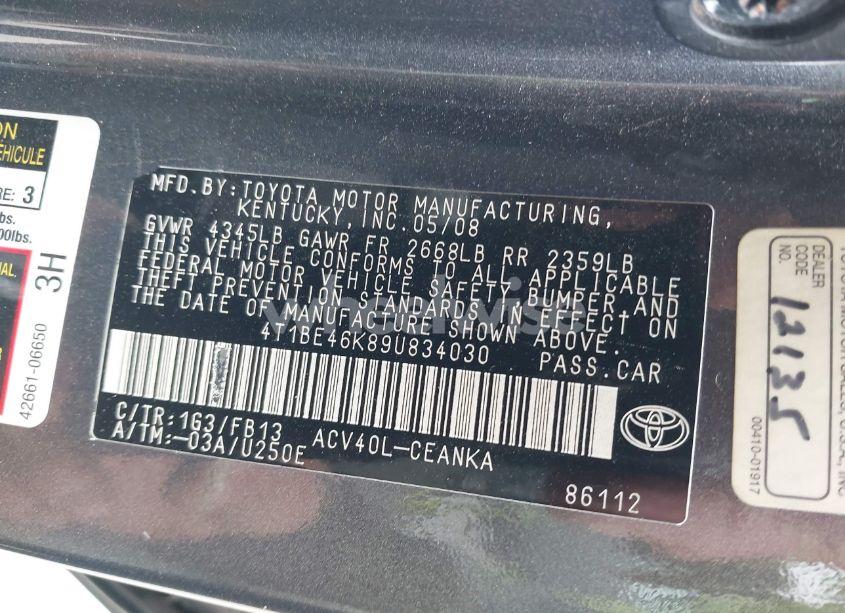 Photo 9 of 2009 Toyota Camry LE/SE/XLE (VIN 4T1BE46K89U834030)