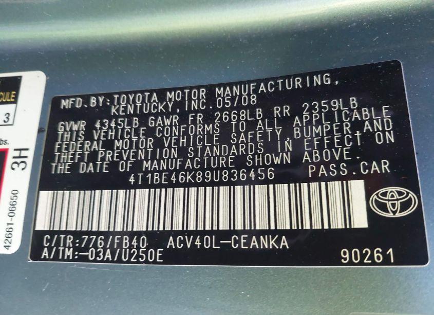 Photo 9 of 2009 Toyota Camry LE (VIN 4T1BE46K89U836456)