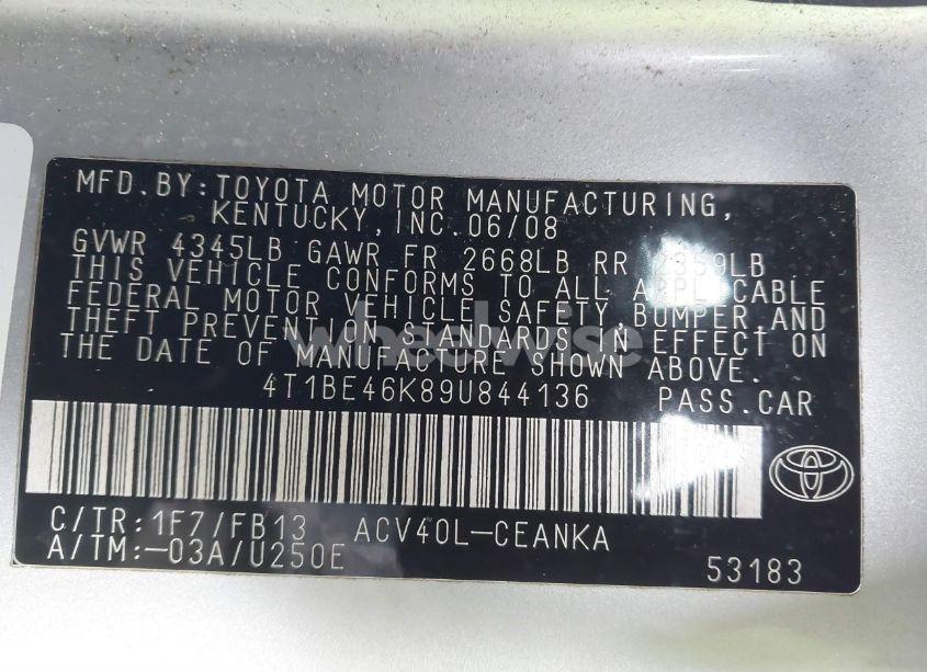 Photo 9 of 2009 Toyota Camry LE (VIN 4T1BE46K89U844136)