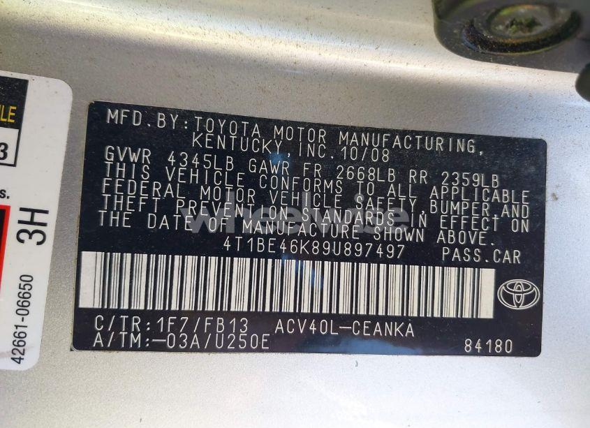 Photo 9 of 2009 Toyota Camry LE (VIN 4T1BE46K89U897497)