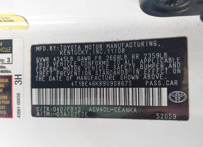 Photo 9 of 2009 Toyota Camry LE (VIN 4T1BE46K89U908675)