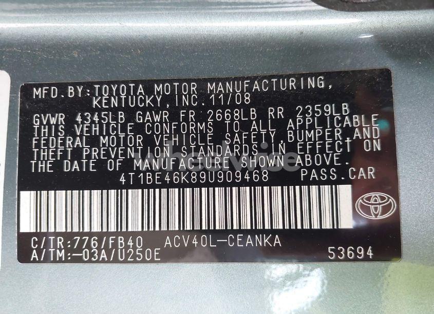 Photo 9 of 2009 Toyota Camry LE (VIN 4T1BE46K89U909468)