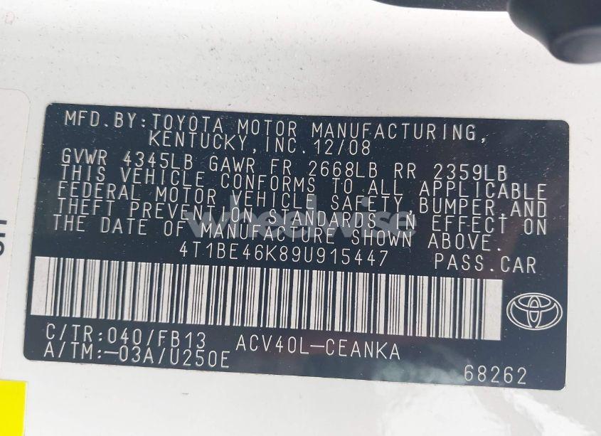 Photo 9 of 2009 Toyota Camry LE (VIN 4T1BE46K89U915447)