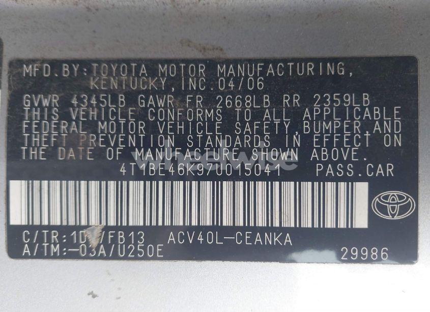 Photo 9 of 2007 Toyota Camry CE/LE/SE/XLE (VIN 4T1BE46K974015041)