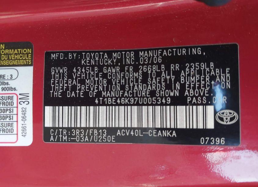 Photo 9 of 2007 Toyota Camry LE (VIN 4T1BE46K97U005349)