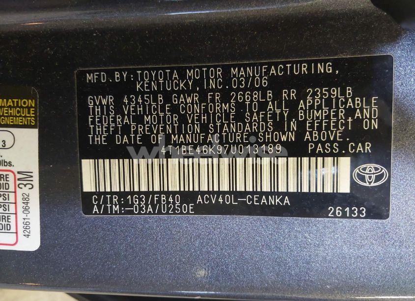 Photo 9 of 2007 Toyota Camry LE (VIN 4T1BE46K97U013189)