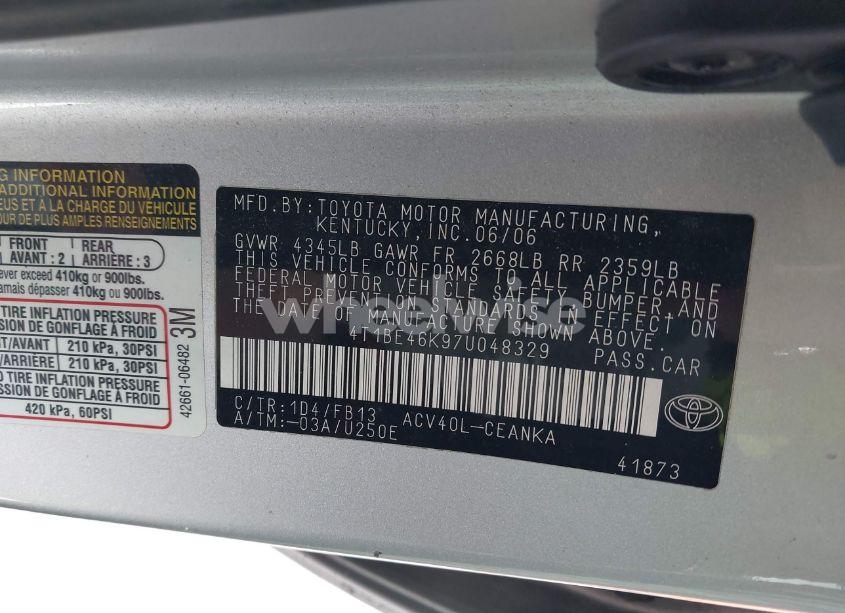 Photo 9 of 2007 Toyota Camry LE (VIN 4T1BE46K97U048329)