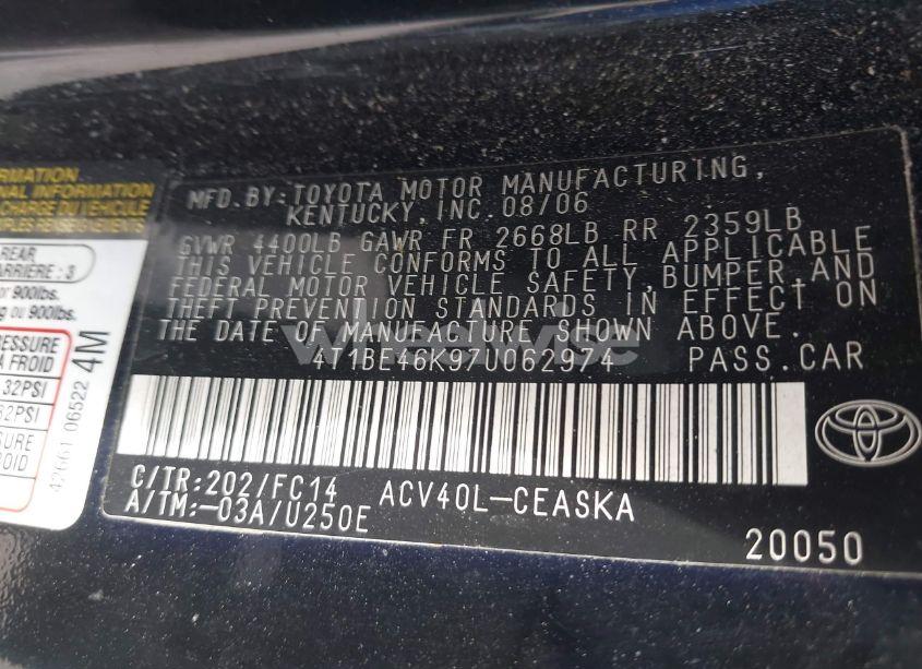 Photo 9 of 2007 Toyota Camry SE (VIN 4T1BE46K97U062974)