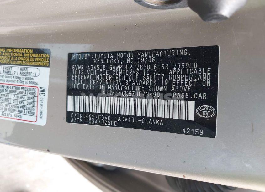 Photo 9 of 2007 Toyota Camry LE (VIN 4T1BE46K97U073490)