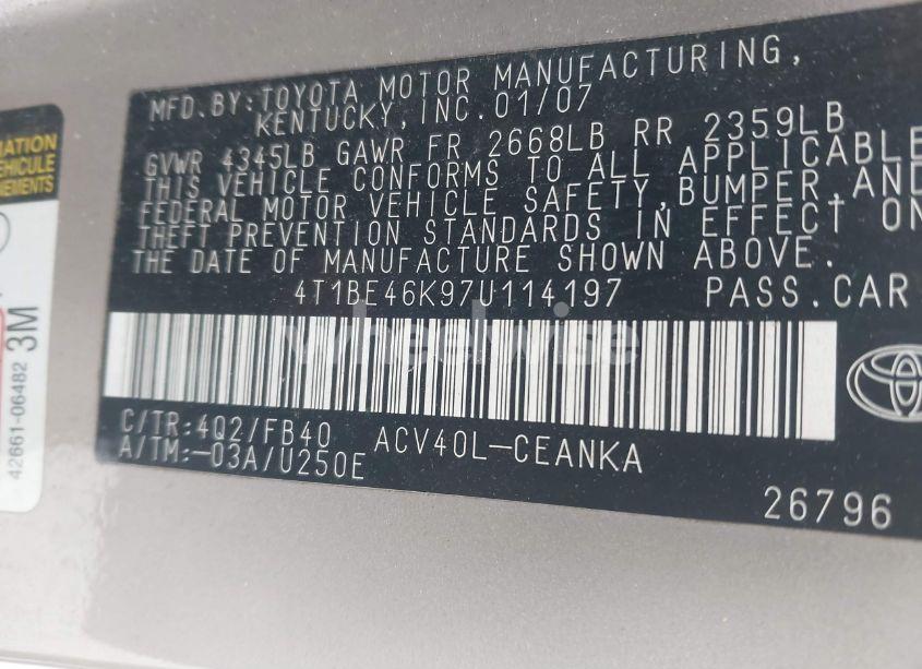Photo 9 of 2007 Toyota Camry LE (VIN 4T1BE46K97U114197)