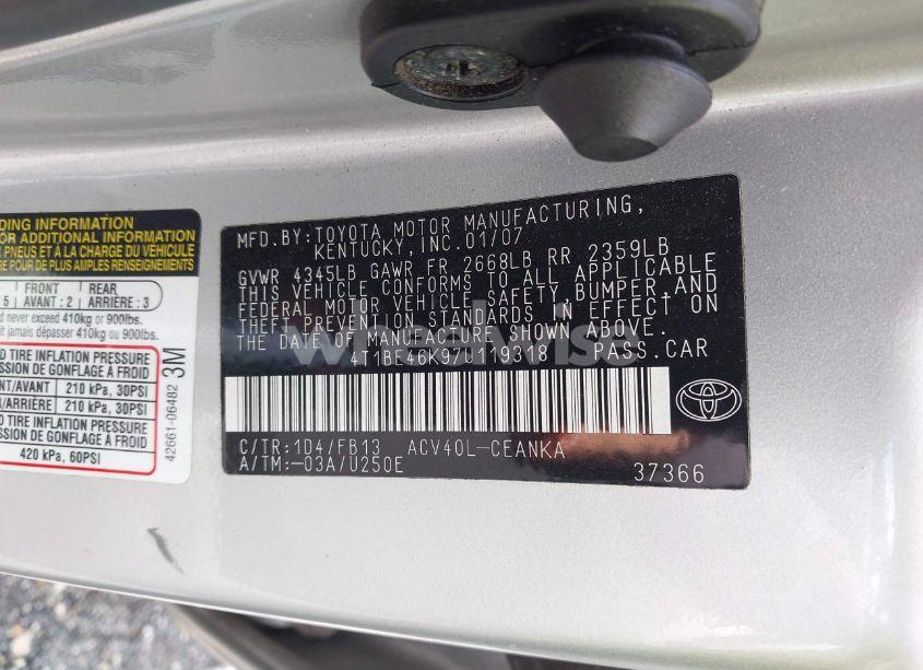 Photo 9 of 2007 Toyota Camry LE (VIN 4T1BE46K97U119318)
