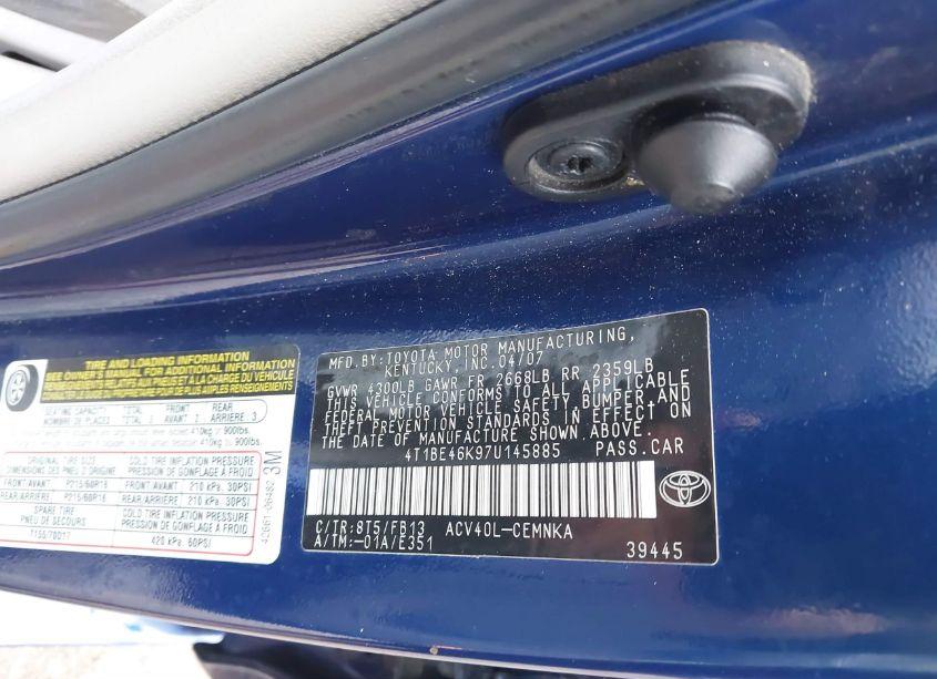 Photo 9 of 2007 Toyota Camry CE (VIN 4T1BE46K97U145885)