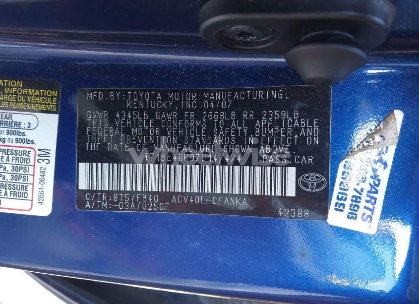 Photo 9 of 2007 Toyota Camry CE (VIN 4T1BE46K97U147474)