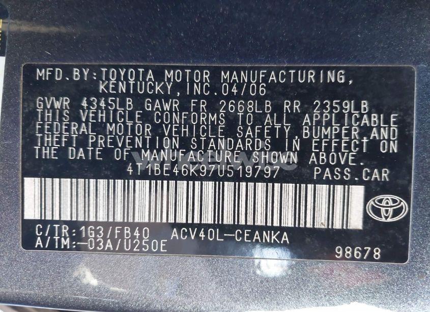 Photo 9 of 2007 Toyota Camry LE (VIN 4T1BE46K97U519797)