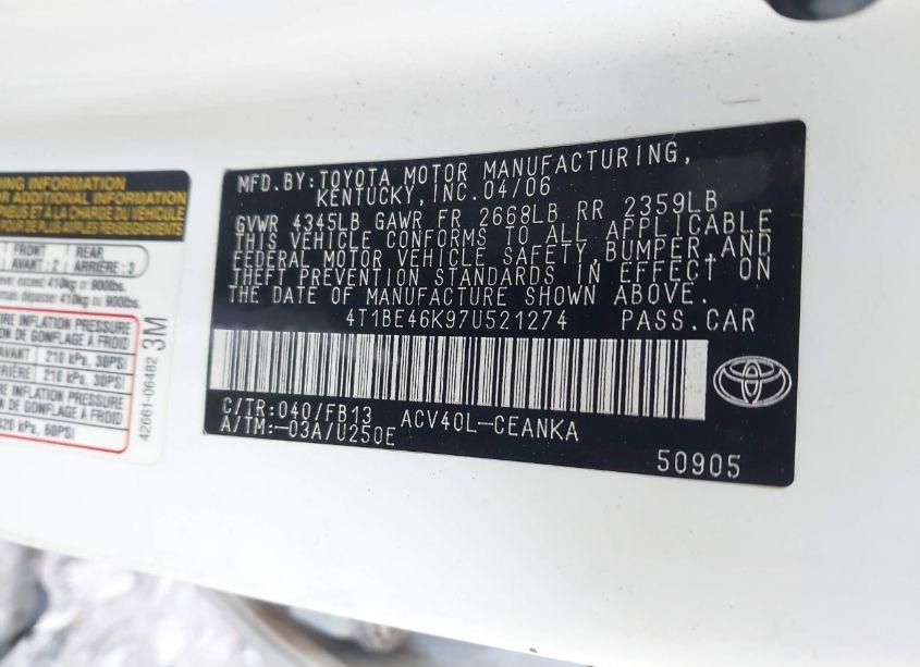 Photo 9 of 2007 Toyota Camry LE (VIN 4T1BE46K97U521274)