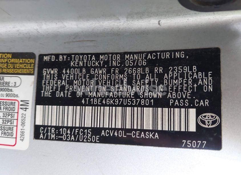 Photo 9 of 2007 Toyota Camry SE (VIN 4T1BE46K97U537801)