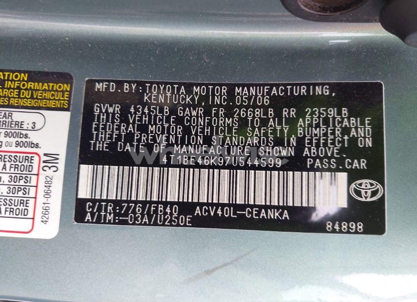 Photo 9 of 2007 Toyota Camry LE (VIN 4T1BE46K97U544599)