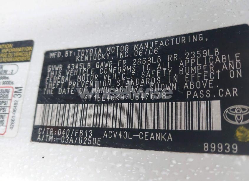 Photo 9 of 2007 Toyota Camry LE (VIN 4T1BE46K97U547678)