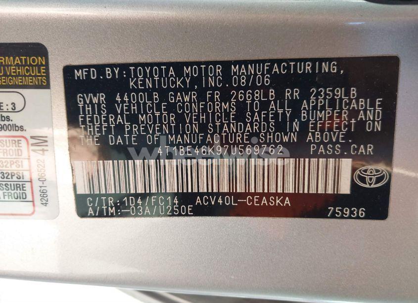 Photo 9 of 2007 Toyota Camry SE (VIN 4T1BE46K97U569762)