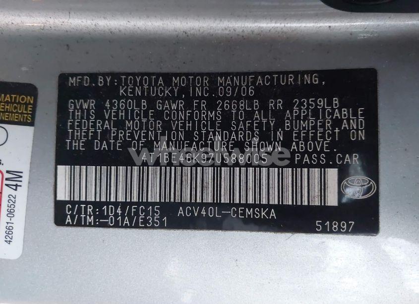 Photo 9 of 2007 Toyota Camry SE (VIN 4T1BE46K97U588005)