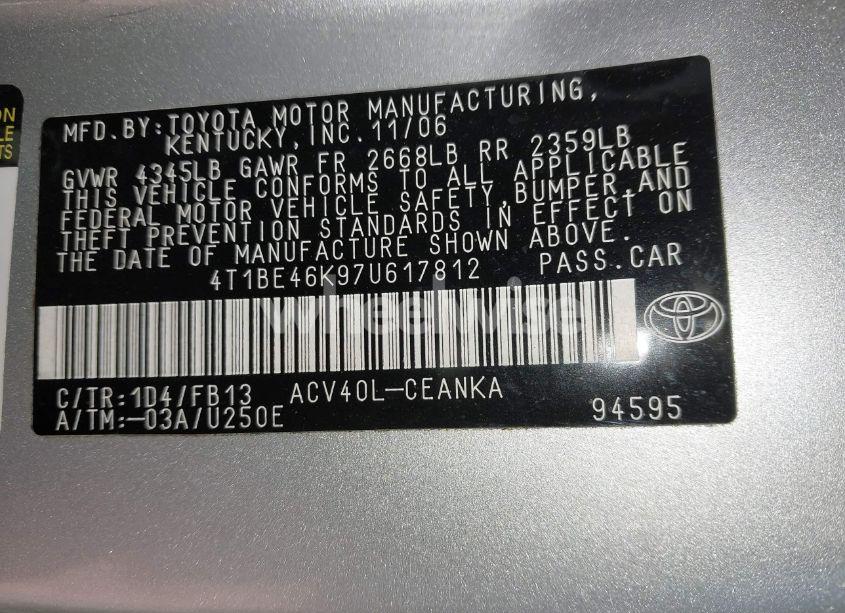 Photo 9 of 2007 Toyota Camry LE (VIN 4T1BE46K97U617812)