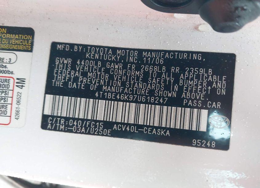 Photo 9 of 2007 Toyota Camry SE (VIN 4T1BE46K97U618247)