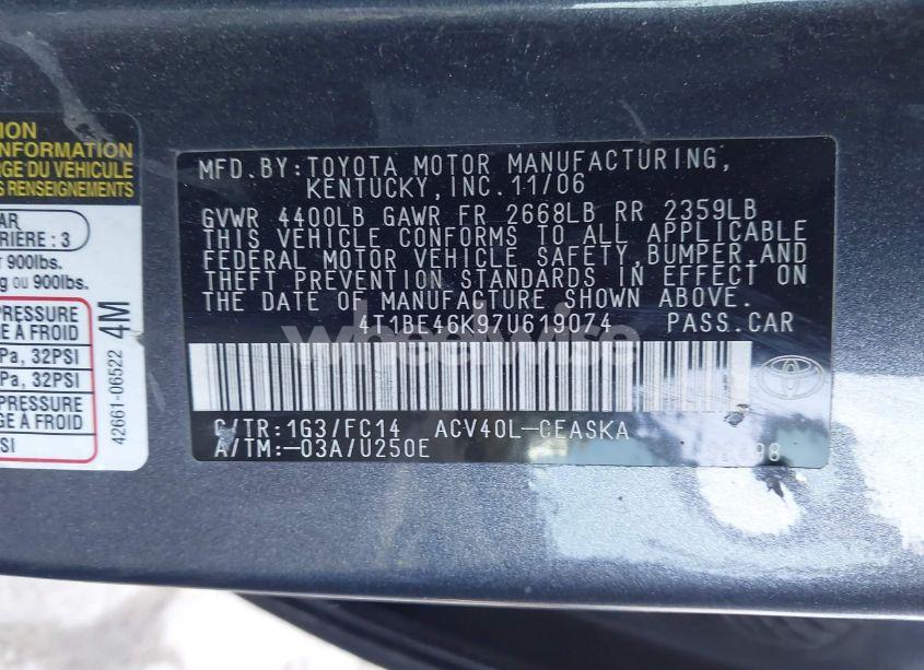 Photo 9 of 2007 Toyota Camry SE (VIN 4T1BE46K97U619074)