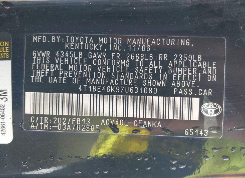 Photo 9 of 2007 Toyota Camry LE (VIN 4T1BE46K97U631080)