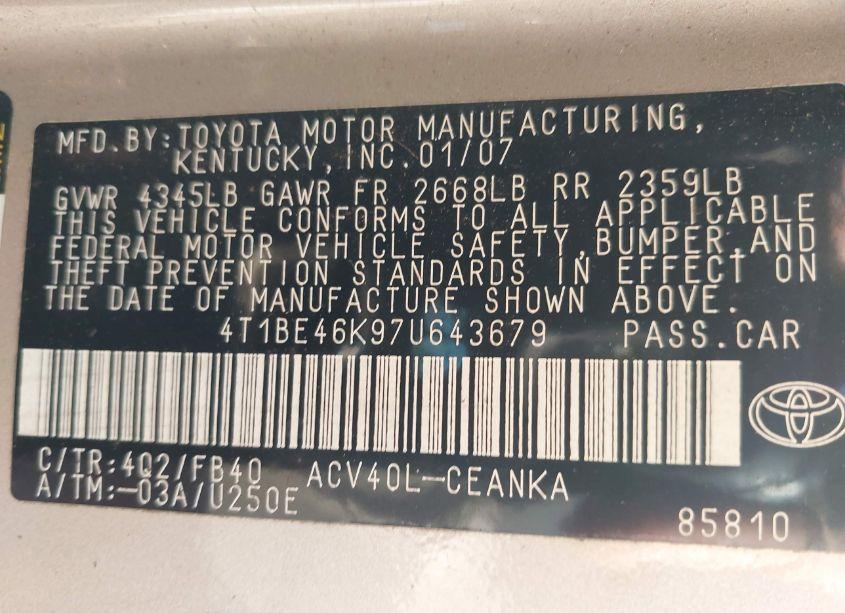 Photo 9 of 2007 Toyota Camry LE (VIN 4T1BE46K97U643679)