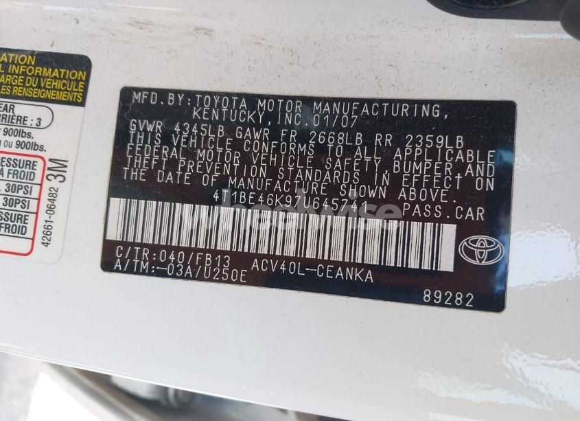 Photo 9 of 2007 Toyota Camry LE (VIN 4T1BE46K97U645741)