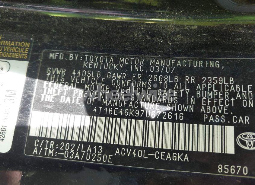 Photo 9 of 2007 Toyota Camry XLE (VIN 4T1BE46K97U672616)