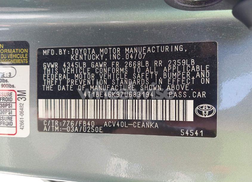Photo 9 of 2007 Toyota Camry LE (VIN 4T1BE46K97U683194)