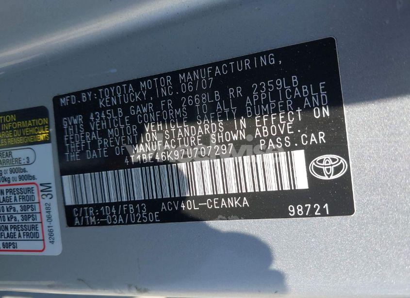 Photo 9 of 2007 Toyota Camry LE (VIN 4T1BE46K97U707297)