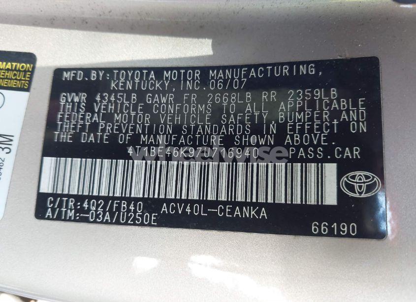 Photo 9 of 2007 Toyota Camry CE (VIN 4T1BE46K97U716940)