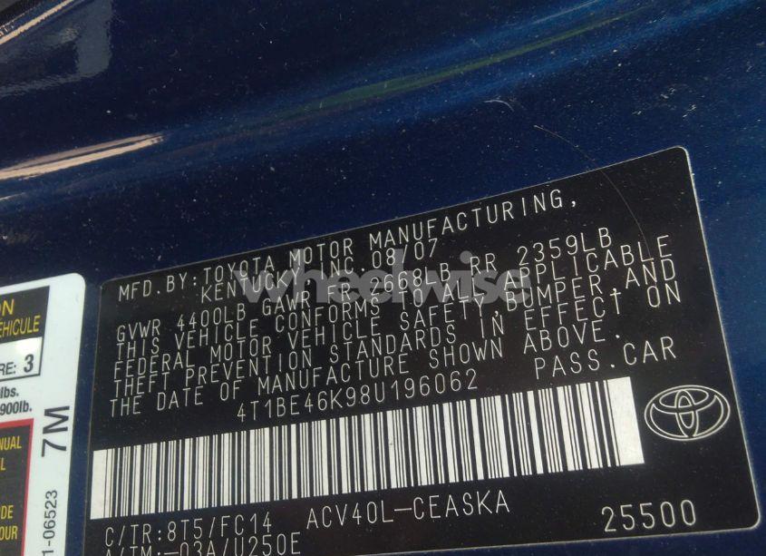 Photo 9 of 2008 Toyota Camry SE (VIN 4T1BE46K98U196062)