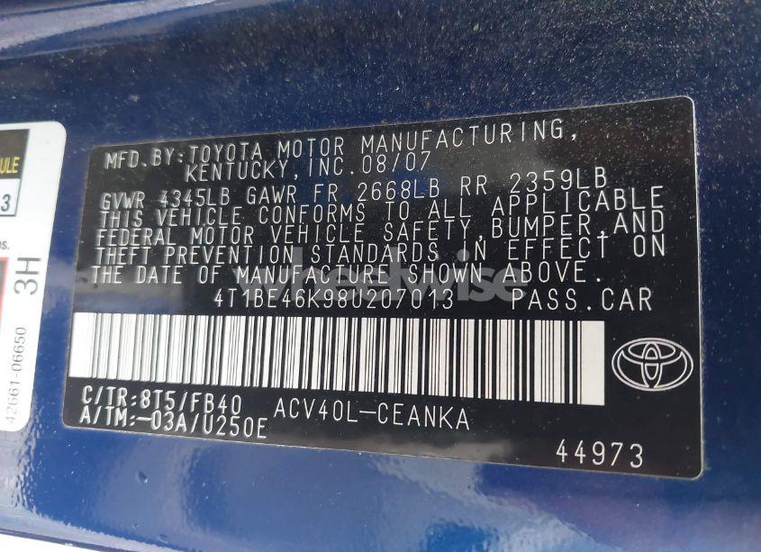 Photo 9 of 2008 Toyota Camry CE/LE/XLE/SE (VIN 4T1BE46K98U207013)