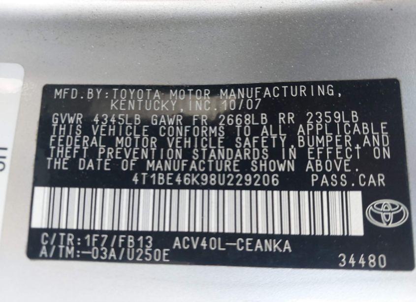 Photo 9 of 2008 Toyota Camry LE (VIN 4T1BE46K98U229206)