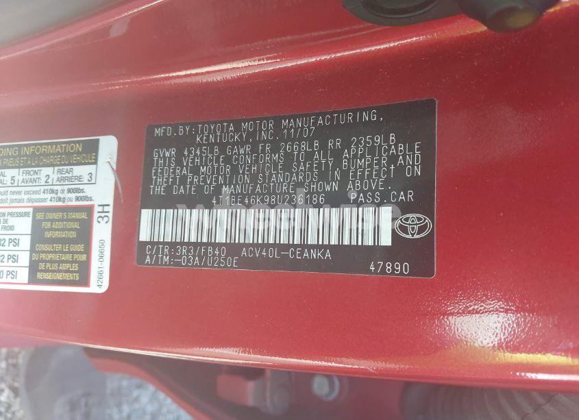 Photo 9 of 2008 Toyota Camry LE (VIN 4T1BE46K98U236186)